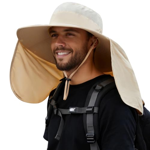 HUAMULAN Women Large Brim Sun Hat with Neck Flap, Men Quick Dry Hiking Fishing Safari Hat UPF 50+ - color: Beige With Mesh Panel