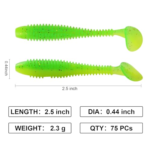 Paddle Tail Swimbaits, 2.5 inch/3inch Soft Lures Fishing Trout Crappie Bass for Freshwater and Saltwater 75PCS/60PCS - color: Green Bean, size: 3 inch, 60 PCs
