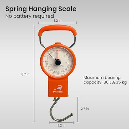Pristis Fishing Hanging Scale, 80 LBs Fish Weight Analog Spring Hook Crane Scale Kit with Tape Measure & Non-Slip Large Handle, Portable Gear Equipment Accessory for Farm Kitchen Luggage Weighting