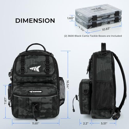 KastKing BaitSpace Fishing Sling Bag, Fishing Backpack with Rod & Beverage Holder, Tackle Bag for Fishing Gear - color: E: Black Camo - with (2) 3600 tackle boxes, size: Large