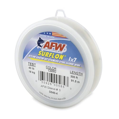 American Fishing Wire Surflon Nylon Coated 1x7 Stainless Steel Wire Leader - Wire Fishing Leader Line for Saltwater 10lb Up To 250lb Test in Bright, Black, Camo in 30ft, 100ft, 300ft, & 1000ft Lengths - color: Camo, style: 300 Feet, 40 Pound Test
