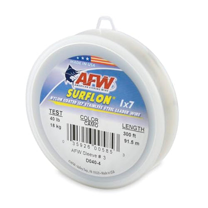 American Fishing Wire Surflon Nylon Coated 1x7 Stainless Steel Wire Leader - Wire Fishing Leader Line for Saltwater 10lb Up To 250lb Test in Bright, Black, Camo in 30ft, 100ft, 300ft, & 1000ft Lengths - color: Camo, style: 300 Feet, 40 Pound Test