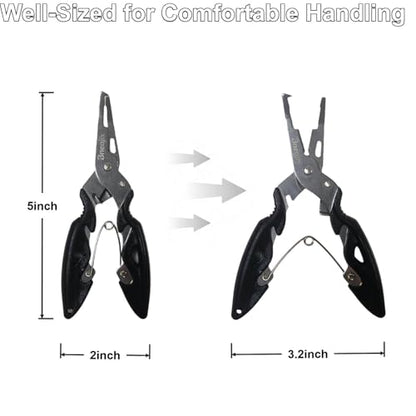 Fishing Pliers Scissors Set (8.4"& 5") with Safety Lock | Multi-function Long Nose Hook Remover, Line Cutter, Crimper; With Anti-Loss Ropes, Rustproof Stainless Steel for Saltwater &
