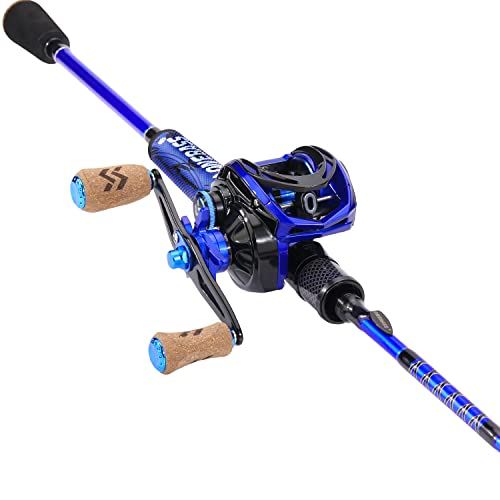 One Bass Fishing Rod and Reel Combo, IM7 Graphite 2 Pc Blank Baitcasting Combo, Spinning Rod with Super Polymer Handle - color: Blue- Casting- Right Handed, size: 6'0"-M-Fast