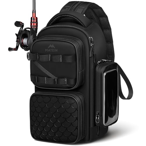 MATEIN Fishing Sling Bag with Phone Pouch, 3600 Tackle Box Backpack | Tackle Bag with Removable Bait Binder, Fishing Bag with Lure Rod Holder, Cooler Compartment, Waterproof, Women Fishing Gifts - color: Black
