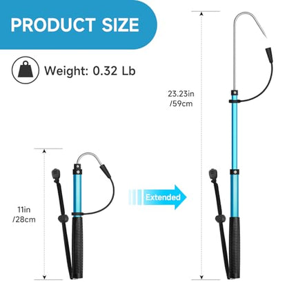 SANLIKE Telescopic Fishing Gaff, Aluminum Pole, Stainless Steel M8 Hook | Ultralight 4.62oz aluminum telescopic gaff (11.4"-24") with nonslip rubber handle, sharp stainless hook & safety lanyard - color: Blue, size: S-Extended 24"