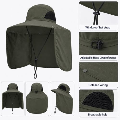 HUAMULAN Women Large Brim Sun Hat with Neck Flap, Men Quick Dry Hiking Fishing Safari Hat UPF 50+ - color: Yq005-armygreen
