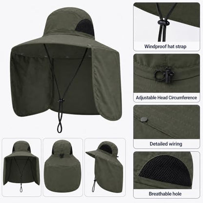 HUAMULAN Women Large Brim Sun Hat with Neck Flap, Men Quick Dry Hiking Fishing Safari Hat UPF 50+ - color: Yq005-armygreen