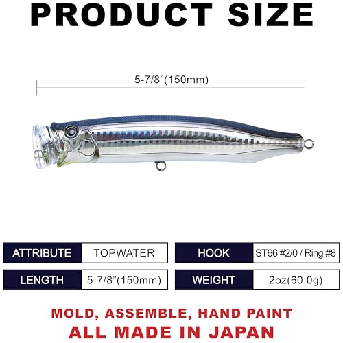 TACKLE HOUSE Feed Popper 150, Saltwater Tuna Fishing Lures, Topwater, GT, Bonito, Yellowtail, Yellowfin, Bluefin Tuna, Floating, Fishing Gear, Fishing Accessories, Fishing Tackle - color: SANMA