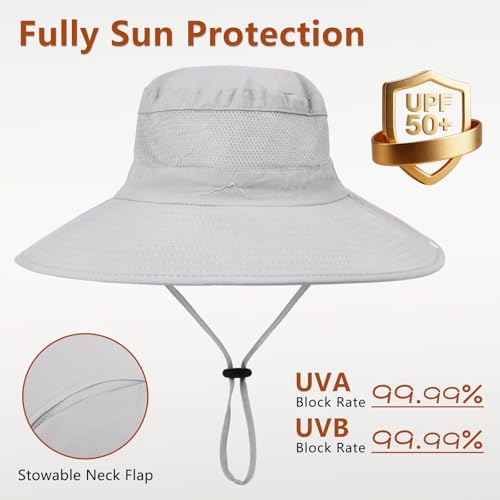 ZOORON Sun Hats for Men Women Fishing Hat with Neck Flap,UPF 50+ Sun Hat Waterproof Wide Brim Bucket Hats for Safari Hiking - color: 1-light Grey(neck Flap)