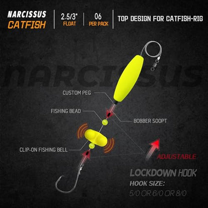 Narcissus Catfish Rigs Set – 6 Pre-Tied Rigs with 2 Sinker Sliders, Float Rigs Tackle, Santee Rig, Circle Hooks 6/0 – Complete & Ready-to-Use Kit - color: Hook Size 6/0-Weight 2 oz
