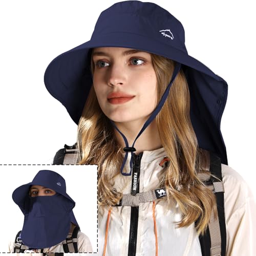 Rosoz Sun Hat for Men Women with Neck Flap,Wide Brim UPF50+ Fishing Hat with Detachable Face Cover Outdoor Sun Protection Hat - color: 1pack-dark Blue
