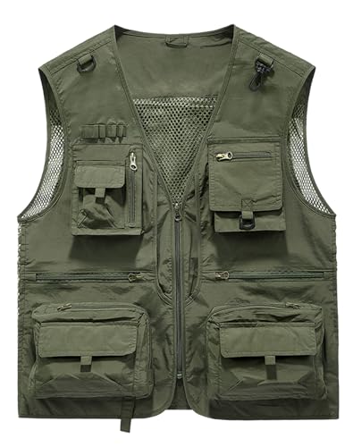 Lucrosun Men's Lightweight Outdoor Fishing Vest Utility Safari Vest with Pockets - color: Armygreen, size: Large