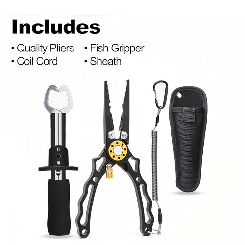 7.5 Inch Fishing Pliers and Gripper, Cuts Braided and Fluorocarbon Lines, Hook Remover, Split Ring Multifunctional Fishing Pliers for Ocean Fishing, Fly Fishing, Ice Fishing Tool, Gift for Fishermen