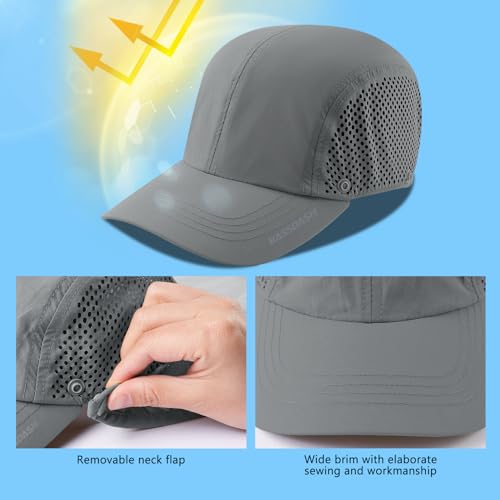 BASSDASH UPF 50+ Foldable Fishing Hat Baseball Cap with Removable Neck Flap Portable for Men Women Golf Hiking - color: Light Grey With Unfoldable Brim