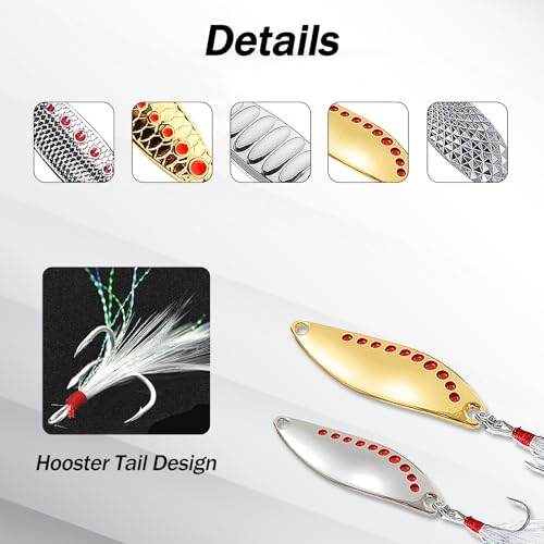 Fishing Lures 10pcs Spoon Spinner Baits FS/YE-09 | with Rooster Tail Treble Hook,Zinc Alloy Fishing Spoons,for Bass Trout Pike Walleye Salmon, Freshwater Saltwater - size: 1.97'',0.25oz