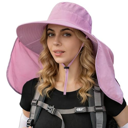 HUAMULAN Women Large Brim Sun Hat with Neck Flap, Men Quick Dry Hiking Fishing Safari Hat UPF 50+ - color: Lavender Pink ‌with Mesh Panel