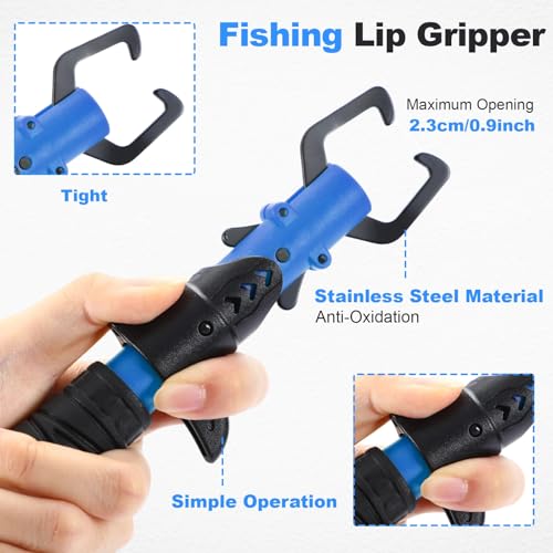 RoundFunny Fish Lip Gripper Pliers, Combo Fishing Tool Kit Stainless Steel Multifunction Hook Remover, Split Ring Pliers with Lanyards Sheath for Fly, Easter Fishing Basket Gift Gear Men Women - color: Blue
