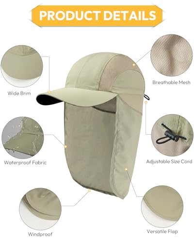 Mens Sun Hat with Breathable Mesh Sun Hats for Men Sun Protection Fishing Hat with Neck Flap for Hiking Cycling - color: Light Beige