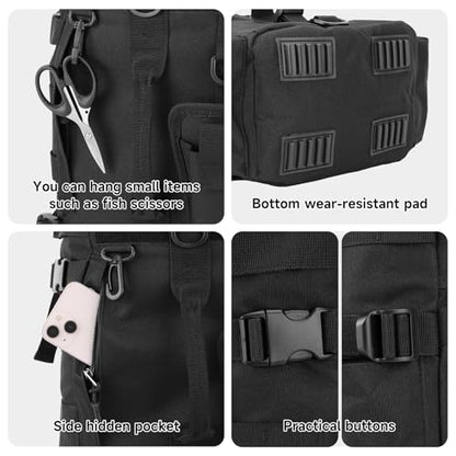 KOMCLUB Black Fishing Sling Tackle Storage Backpack, Large with Rain Cover‌ | Waterproof Outdoor Fishing Bag, Ideal Fishing Gifts for Men, Fits All-Day Fishing Trips - color: Black
