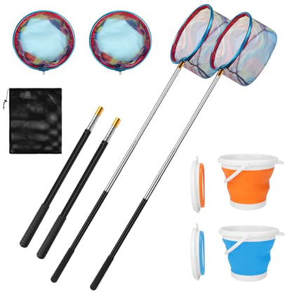 Kids Fishing Net, 2 Pack Telescopic Fishing Landing Net with Aluminum Pole Handle for Kids, Collapsible Bucket Kids Sand Pail, Fishing Net Butterfly Nets for Kids, Outdoor Playing - color: Blue