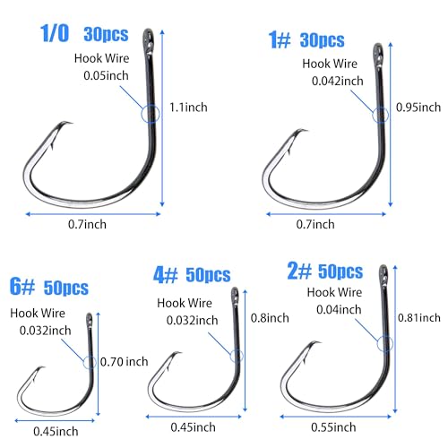 210pcs Fishing Hooks Kit Saltwater Freshwater Circle Hooks High Carbon Steel Barb Fish Hooks Fishing Gear Equipment with Tackle Box Assorted Size Octopus Beak Offset Fishing Hooks