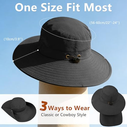 ZOORON Sun Hats for Men Women Fishing Hat with Neck Flap,UPF 50+ Sun Hat Waterproof Wide Brim Bucket Hats for Safari Hiking - color: 1-black-arm Sleeves