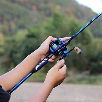 One Bass Fishing Rod and Reel Combo, IM7 Graphite 2 Pc Blank Baitcasting Combo, Spinning Rod with Super Polymer Handle - color: Blue- Casting- Right Handed, size: 7'0"-MH-Fast