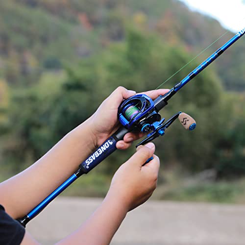 One Bass Fishing Rod and Reel Combo, IM7 Graphite 2 Pc Blank Baitcasting Combo, Spinning Rod with Super Polymer Handle - color: Blue- Casting- Left Handed, size: 6'0"-M-Fast