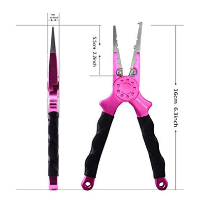 Professional Saltwater/Fresh Water Aluminum Fishing Pliers Tungsten Carbide Cutters Hook Remover with Sheath and Lanyard - color: Pink.t