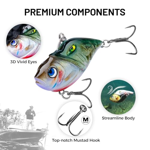 HANDING 3PCS Rattling Lipless Crankbait, Bass Fishing Lure for Freshwater and Saltwater, Fast Sinking, Mustad Hook, Angler's Gift, for Crappie Trout, 3/8oz, 1/2oz and 1oz - color: A5-2.6in 1.0oz