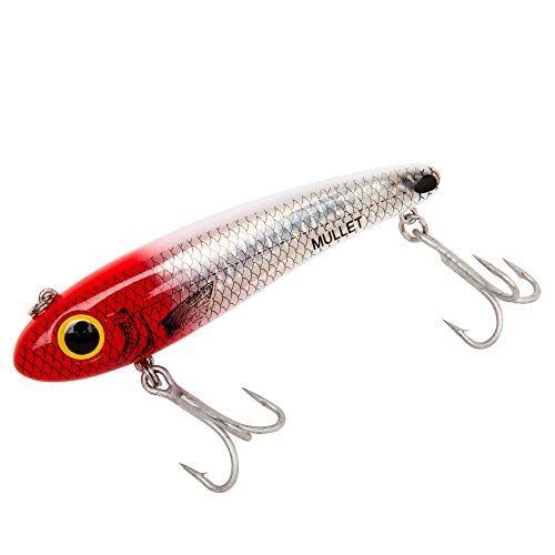 Bomber Lures Mullet Slow-Sinking Twitch / Walking Saltwater Fishing Lure - Excellent for Speckled Trout, Redfish, Stripers and More, 3 1/2 Inch, 5/8 Ounce - color: Red Head Flash