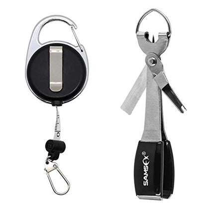 SAMSFX Fishing Zinger Retractors Retractable Tape Measure with Fly Fishing Knot Tying Tool Combo - color: Tape Measure Retractors & Silver Nail Knot Tying Tool, Black Grip