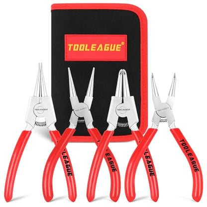 TOOLEAGUE 4 Pcs Mini Snap Ring Pliers Set, Circlip Pliers, 5 inches Internal/External Heavy Duty for Ring Remover Retaining Straight Bent Lock Ring Pliers Set - size: 5 inches (Bent/Straight, Internal/External, 4Pcs)