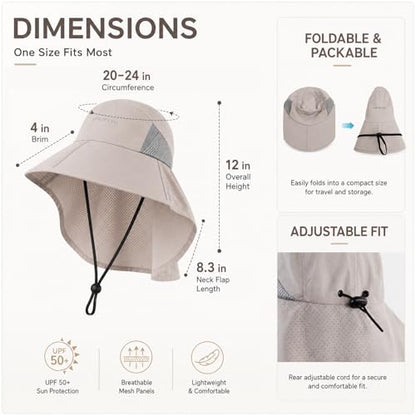 Palmyth Fishing Hat Wide Brim Sun Hat with Neck Flap & Sunglasses Storage | Sun Protection, Adjustable Fit, Breathable Mesh & Sweatband, Foldable, For Men & Women - color: Sand