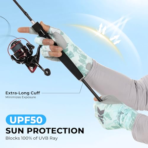 KastKing Agies Fishing Gloves Men, UPF 50+ Sun Gloves UV Protection, Cooling Quick-Dry 3/4 Fingerless Gloves with Extended Cuff, Microfiber Palm & Pull Tabs, for Fishing, Kayaking, Hiking, Hunting - color: X Camo-Pale Blue, size: Small-Medium