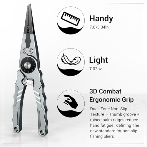 7.8" Lockable Saltwater Fishing Pliers, Aviation-grade Aluminum & Tungsten Cutters | Corrosion-Proof, with Replaceable Blades Set, Fishing Gear Gifts for Men, Adults, Kids