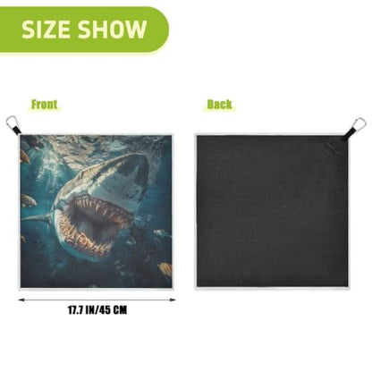 Shark Fish Pattern Magnetic Golf Towel for Golf Bags Microfiber Golf Essentials for Women Men with Carabiner Clip Attaches to Carts and Clubs, 17.7"x17.7"