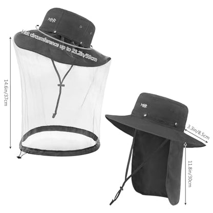 BASSDASH UPF 50+ Mosquito Sun Hat with Hidden Head Net and Neck Flap for Men Women Outdoor Fishing Hiking Camping - color: Dark Grey