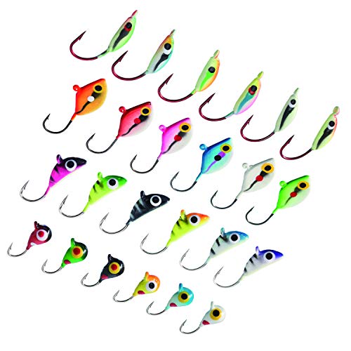 BASSDASH Ice Fishing Lure Kit Glowing Paint Jigs for Winter Ice Jigging Crappie Sunfish Perch Walleye Pike with Tackle Box - color: 24 pcs assorted crappie/panfish/perch jigs