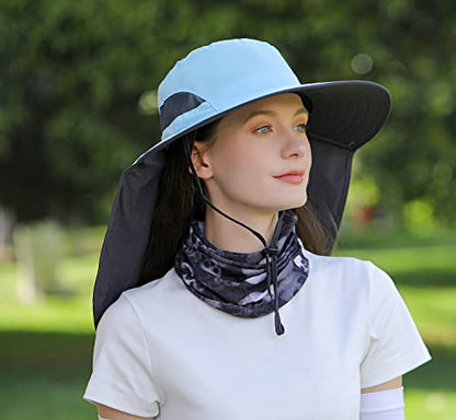 HUAMULAN Women Large Brim Sun Hat with Neck Flap, Men Quick Dry Hiking Fishing Safari Hat UPF 50+ - color: Hyp011-blue