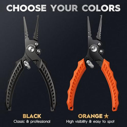 BasicGear Fishing Pliers, 17-4 PH Stainless Steel Saltwater Pliers, Braid Cutter, Split Ring Tool, Corrosion Resistant, One-Hand Operation - size: 7.5" Standard - Orange