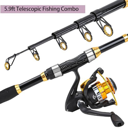 Yoilrey Fishing Rod and Reel Combo – 5.9ft Telescopic Fishing Pole Starter Kit with Spinning Reel, Fishing Line, Lure Box & Tackle Bag for Travel - color: Black and Gold Fish Rod Set