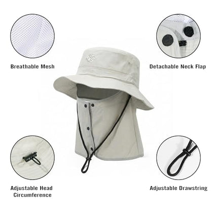 Bucket Hat for Men Women,Waterproof Sun Hat UV Protection with Detachable Face Neck Flap for Outdoors - color: Grey+green