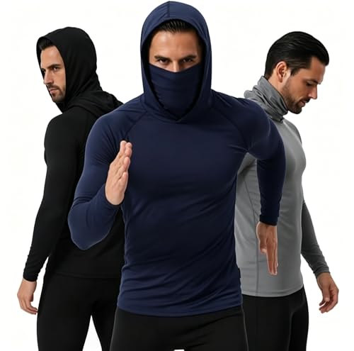 3/6 Pack Mens Sun Protection Fishing Hoodie with Face Mask UPF 50+ Long Sleeve Compression Work Shirt Construction Quick Dry - color: 3 Pack【loose Fit】, size: XX-Large
