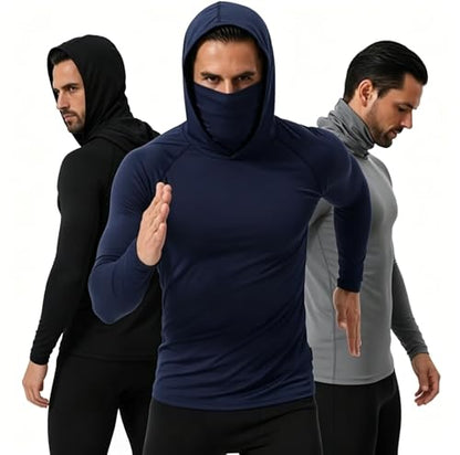 3/6 Pack Mens Sun Protection Fishing Hoodie with Face Mask UPF 50+ Long Sleeve Compression Work Shirt Construction Quick Dry - color: 3 Pack【loose Fit】, size: XX-Large