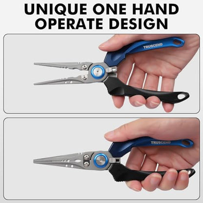 TRUSCEND Easy Use Lockable Fishing Pliers with Tungsten Carbide Cutter, Innovative Ergonomic Handy Handle, Saltwater Corrosion Resistant Teflon Coated Fishing Tool, Light Multi-Function Fishing Gear - color: C-straight Nose-blue