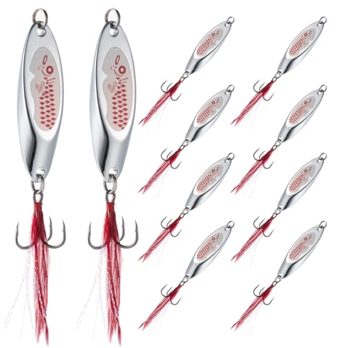 Goture Metal Spoon Trout Lures - Long Distance Casting for Trout, Bass, Crappie, Pike, Salmon - Saltwater & Freshwater - 1/4oz to 1-3/8oz Jigging Spoons - color: A:10pcs Fishing Spoons with Feather, size: 1 oz