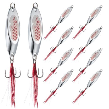 Goture Metal Spoon Trout Lures - Long Distance Casting for Trout, Bass, Crappie, Pike, Salmon - Saltwater & Freshwater - 1/4oz to 1-3/8oz Jigging Spoons - color: A:10pcs Fishing Spoons with Feather, size: 1-3/8 oz