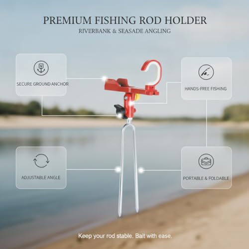 Fishing Rod Holder with Rotatable Head and Ground Spike, Foldable Metal Stake for Riverbank and Beach Angling - color: Red